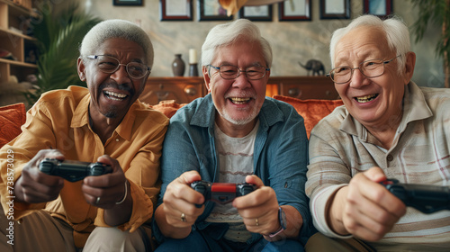 group of happy elderly people of different nationalities play a video game together. The elderly people are engaged in hobbies