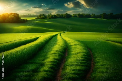 Green field under blue sky in evening time