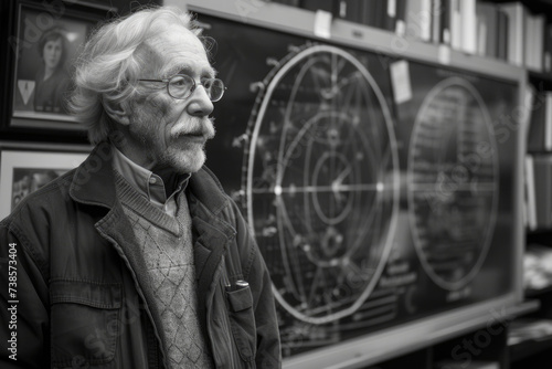 An elder physicist with white hair stands thoughtfully in a black and white room filled with diagrams of celestial mechanics.