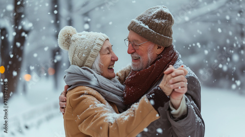 An elegant elderly couple, deeply in love, dancing in the snowfall, their smiles shining with joy and love