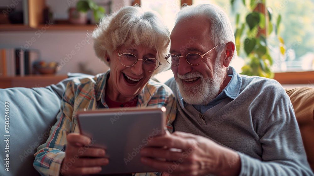 A elderly couple explores content on a tablet, surrounded by the comfort of their home, exemplifying technology's role in everyday life A elderly couple explores content on a tablet, surrounded by the comfort of their home, exemplifying technology's role in everyday life