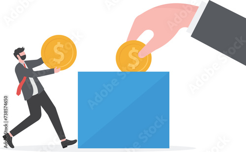 charitable donations and fundraising concept, volunteer put coin in donation box

