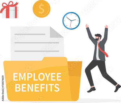 Happy Employee Standing with Employee Benefits Document Folder Illustration Concept

