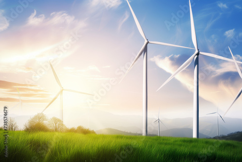A renewable energy landscape with wind turbines against a scenic sky