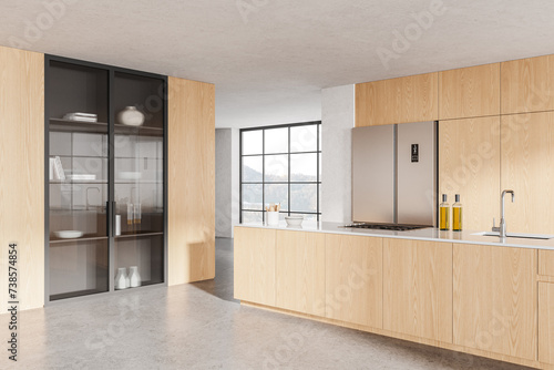 Wooden home kitchen interior with cooking cabinet  fridge and panoramic window