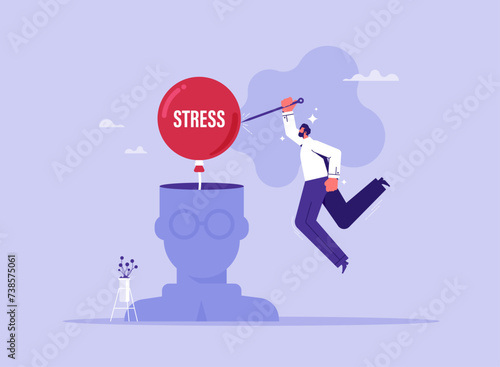 Meditation to help reduce stress concept, stress management, relaxation to relieve anxiety or anger from your brain, businessman holds a needle and a red balloon with the word stress