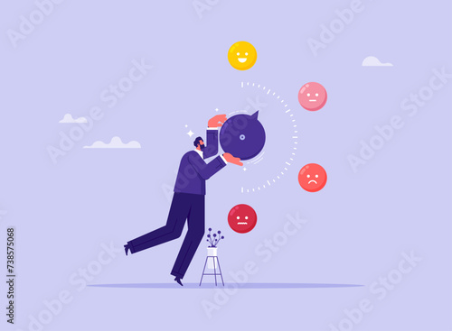 Control emotions concept, businessman turns switch on measurement scale in direction of good mood, positive thinking, scale for measuring stress and mood