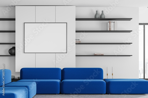 Modern home relax room interior couch and shelf with decor, mockup frame