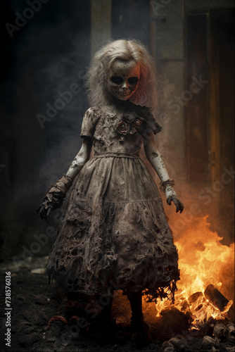 Charred Doll in Ashen Wasteland With Haunting Flames