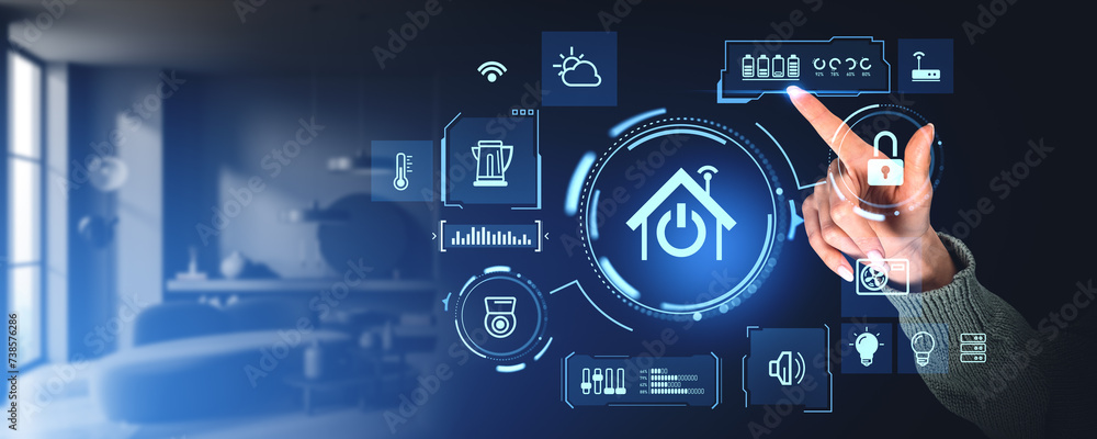 Woman finger touch smart home interface, virtual screen and technologies Woman finger touch smart home interface, virtual screen and technologies