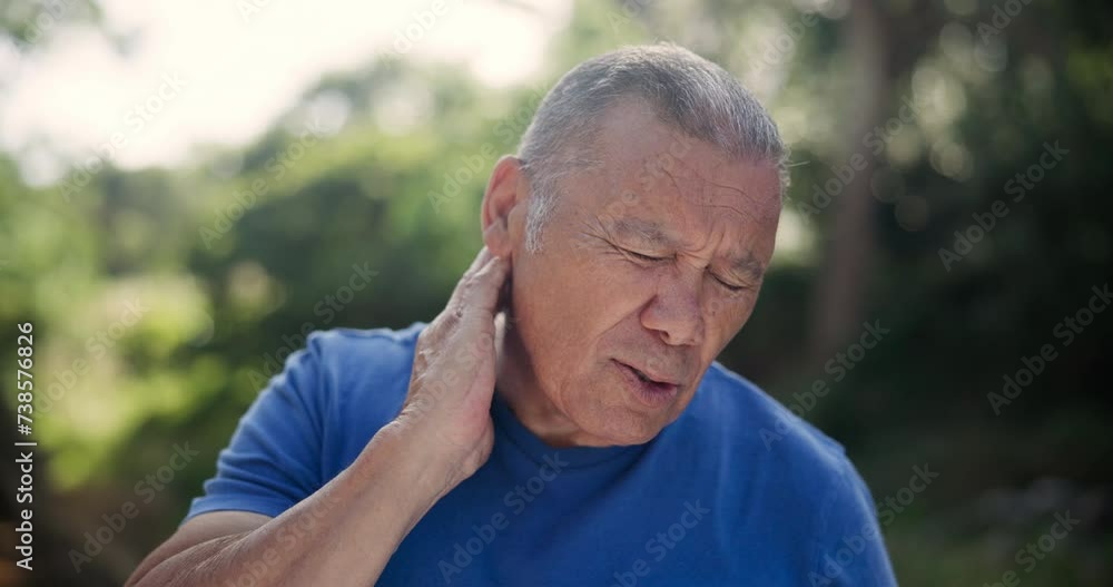Old man, neck pain outdoor and spine injury with health, medical emergency and joint ache in nature. Muscle tension, fibromyalgia and discomfort, inflammation or pressure during exercise in park Old man, neck pain outdoor and spine injury with health, medical emergency and joint ache in nature. Muscle tension, fibromyalgia and discomfort, inflammation or pressure during exercise in park