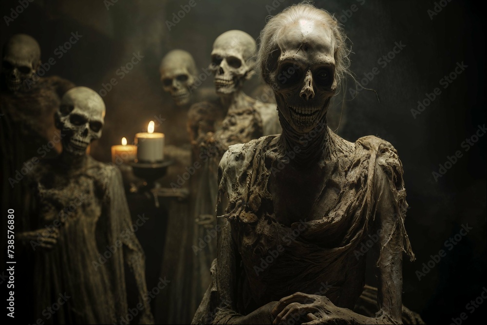 Eerie Skeletons Holding Candles in a Haunting Ritual Eerie Skeletons Holding Candles in a Haunting Ritual
