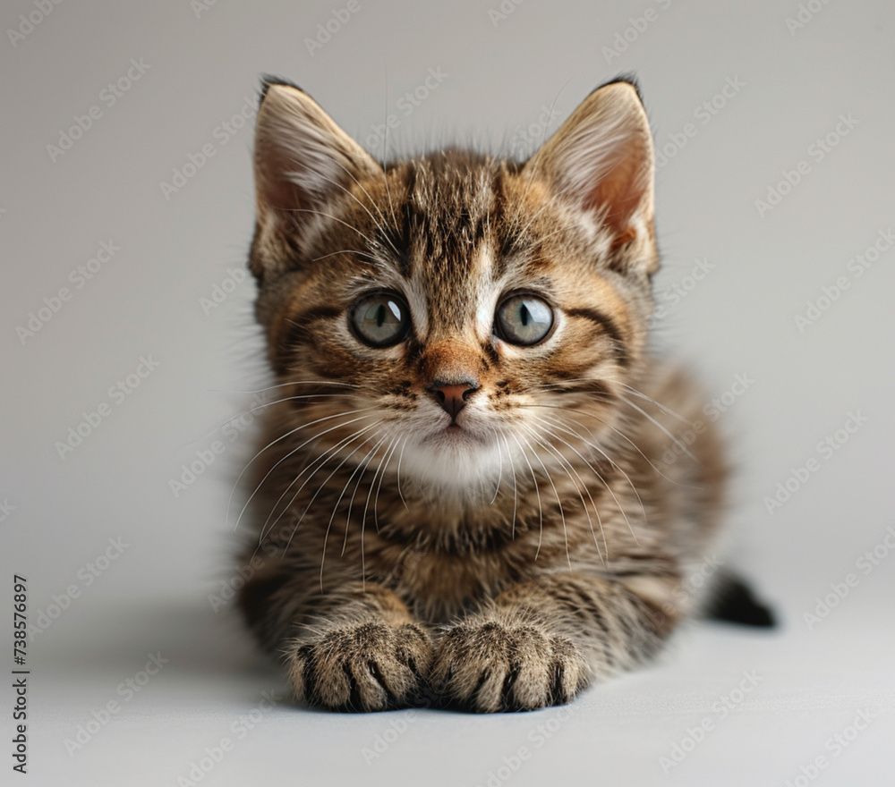 face photo of baby cat facing towards the camera with smiling eyes on a white background, waggy tail