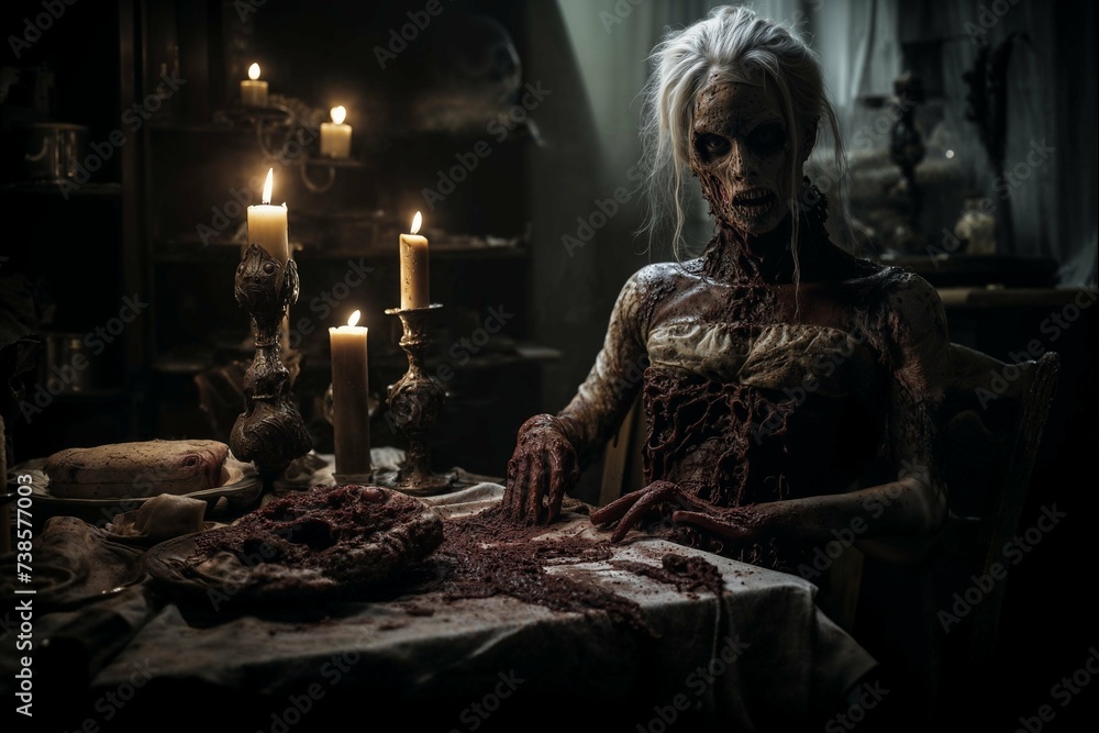 Ghoulish Zombie at a Macabre Feast with Bloodied Hands