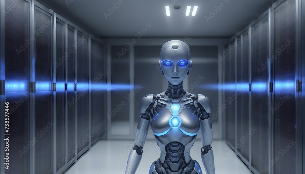 Cyborg in the server room. 3D rendering. Virtual reality. Cyborg in the server room. 3D rendering. Virtual reality.
