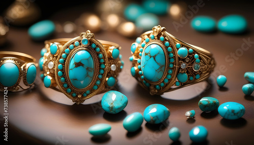 Turquoise Jewelry, Gemstone, Precious, Blue, Luxury, Fashion, Accessories, Necklace, Earrings, Bracelet, Ring, Glamour, Sparkle, Gem, Elegant, AI Generated
