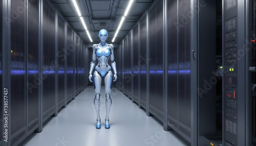 Cyborg in the server room. 3D rendering. Virtual reality.