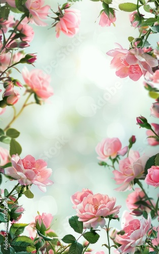 Pink roses coming from two sides of the frame, empty light background in the middle.