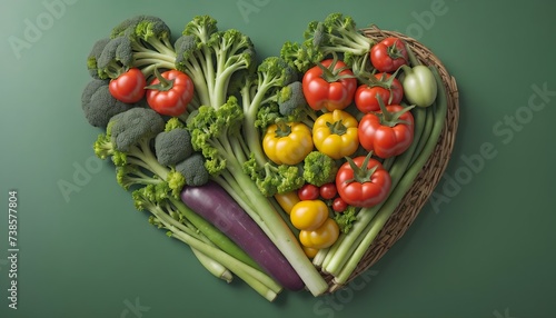 Heart shape made of fresh vegetables on green background. Healthy food concept.