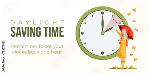 Daylight saving time end concept banner, poster. Fall back time. Clock with autumn leaves, woman with umbrella changing time to wintertime vector illustration.