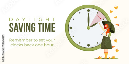 Daylight saving time end web banner, poster. Minimalist clock with woman with umbrella turning clock hand to winter time. Fall back concept vector illustration.