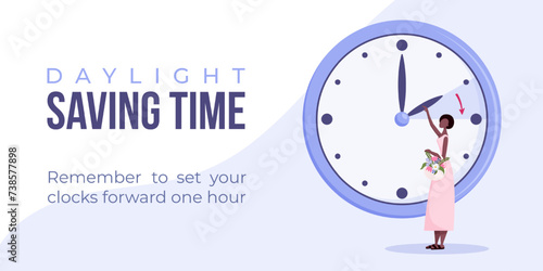 Daylight saving time begins concept. Spring forward banner, poster. Vector illustration with african american woman turning clock hour ahead, woman with flowers in bag.