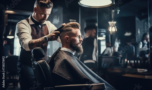 Hipster customer sitting on the chair in barber shop photo