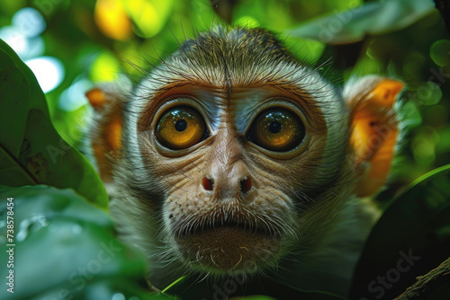A monkey nestled amidst lush foliage, its playful eyes peeking through the leaves, embodies the spirit of curiosity and adventure in the jungle's embrace.