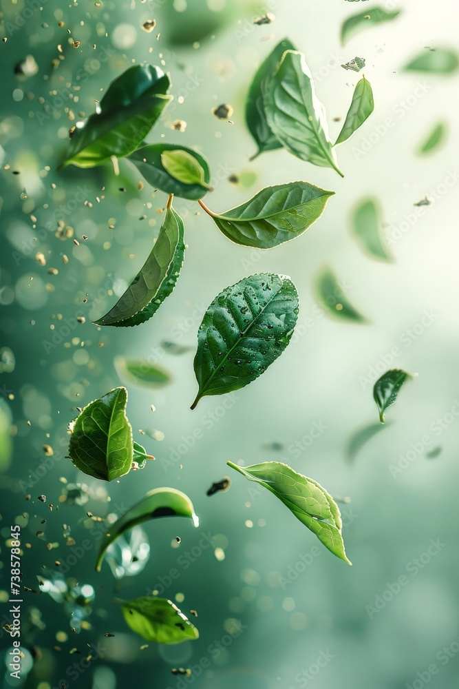 Fresh green mint leaves falling isolated on blurred background Fresh green mint leaves falling isolated on blurred background