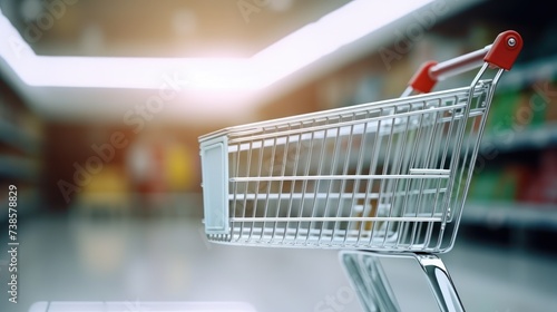 Supermarket aisle with empty shopping cart.