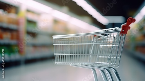 Supermarket aisle with empty shopping cart.
