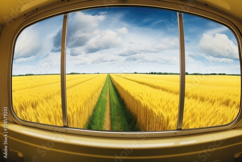 Panoramic view of the yellow field from the harvester window. Harvest concept