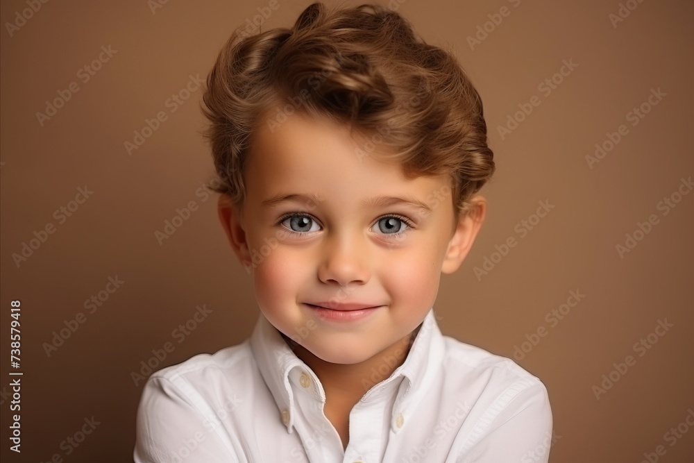 Portrait of a cute little boy in white shirt on brown background Portrait of a cute little boy in white shirt on brown background
