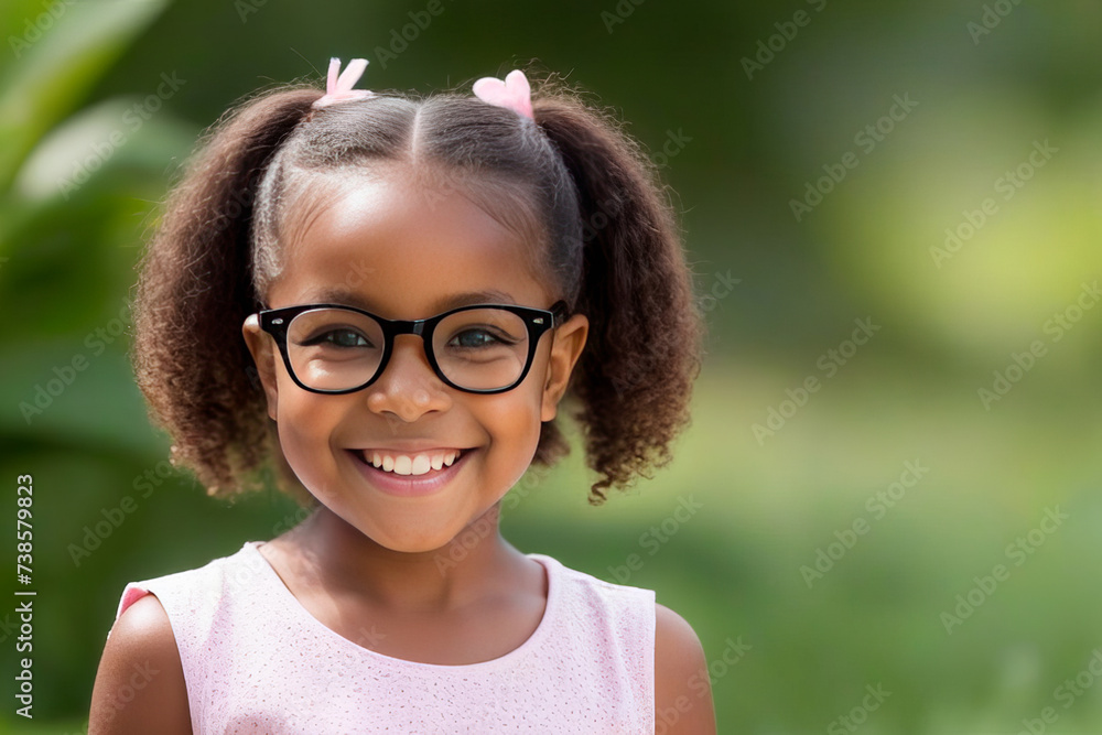 Smiling cute little african american girl with two pony tails looking at camera. Portrait of happy female child. Smiling face a of black 4 year old girl looking at camera with afro puff hair - obrazy, fototapety, plakaty 