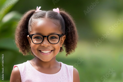 Smiling cute little african american girl with two pony tails looking at camera. Portrait of happy female child. Smiling face a of black 4 year old girl looking at camera with afro puff hair photo