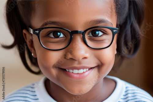 Portrait of young african american child girl with eyeglasses. Problems of strabismus and poor eyesight in children