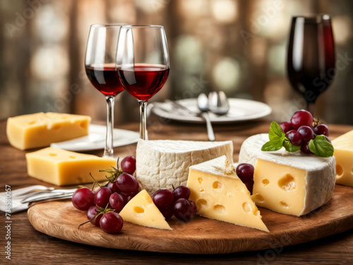 Assortment of cheese with fruits, grapes, nuts, glass with wine and cheese knife on a wooden serving tray.