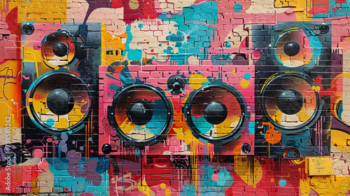 Music streaming icons embedded in surrealism art graffiti walls photo