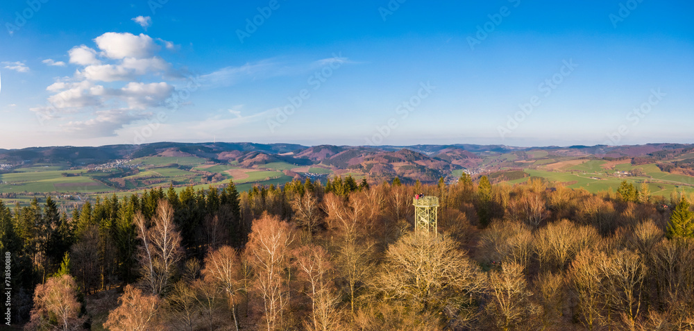 Aerial view of the steel-framed observation tower built in 1889 on the Wilzenberg mountain in Germany