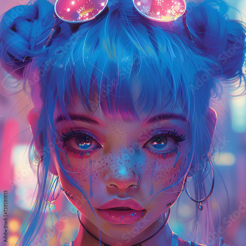 Cyberpunk aesthetics meet kawaii culture in a vibrant digital illustration photo