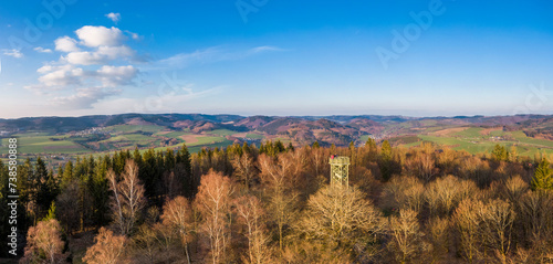 Aerial view of the steel-framed observation tower built in 1889 on the Wilzenberg mountain in Germany