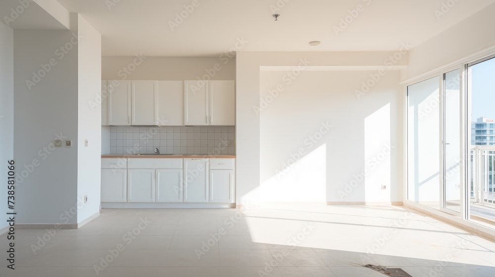 Obraz premium Empty apartment room for sale or rent, already built for interior design, beautiful light space, AI generated, space for text
