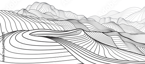 Mountains black outline illustration on white background. Abstract hills landscape. Vector design art