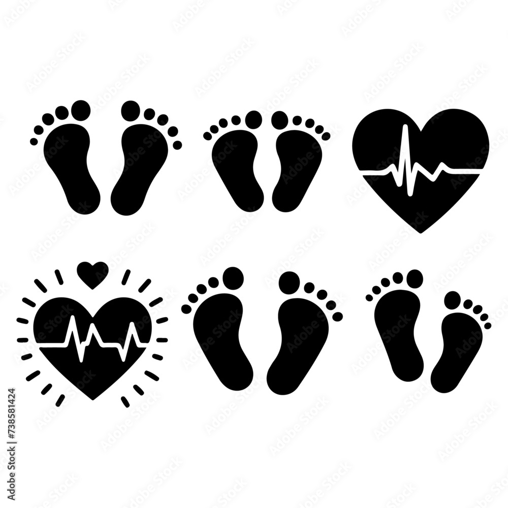 Set of heart pulse with heart and baby´s feet vector flat style black color silhouette Set of heart pulse with heart and baby´s feet vector flat style black color silhouette