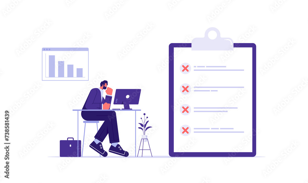 Sad business man worried about failure checklist & decreasing business, leadership success and career progress or business failure concept Sad business man worried about failure checklist & decreasing business, leadership success and career progress or business failure concept