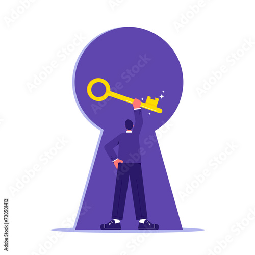 Key to business success concept, businessman leader with a key in a keyhole, setting and achieving goals, successful entrepreneur