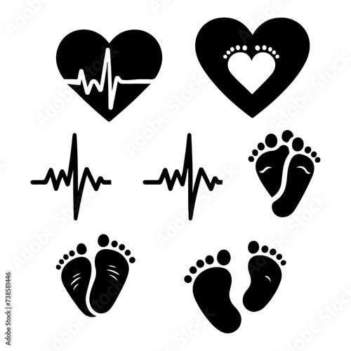 Set of heart pulse with heart and baby´s feet vector flat style black color silhouette