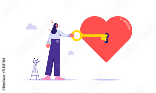 Unlock work passion of your business, motivation to success and win business competition, mindset or attitude to work in we love to do concept, businesswoman holding a key to unlock the heart