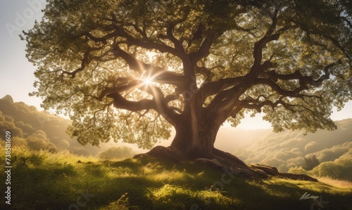 A beautiful old oak tree representing strength and longevity with the full midday light shining from the background. © Daniela