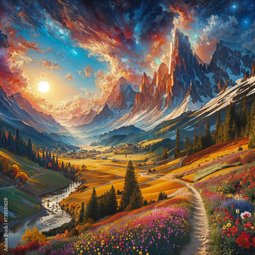 a path in a flowery meadow leading to a beautiful valley surrounded by majestic mountain peaks  photo